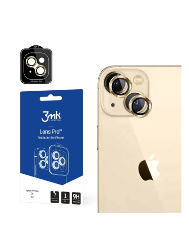 Стъклен протектор за камера с алуминиева рамка и рамка за поставяне 9H 3mk Lens Protection Pro - iPhone 14 златист