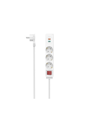 HAMA Разклонител  USB-C/USB-A 3.4A, 3 гнезда, 2x USB, PD/Quick charge, макс 18W,1.4м, 3680W, бял