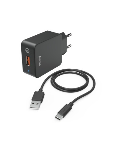 Мрежово зарядно HAMA, 220V, USB-C, Qualcomm, Quick Charge, 19.5W, Вкл. кабел, Черен