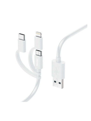 Кабел HAMA 3 в 1, USB-A - Micro-USB, USB-C и Lightning, 1.0 м., Бял