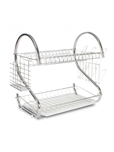 Сушилник за съдове Rosberg R53000H, 2 нива, Поставки за прибори и чаши, Хром