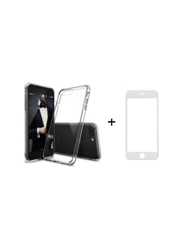 Комплект стъклен протектор с силиконови ръбове + Калъф, Remax Crystal, за iPhone 7 Plus, Бял - 52228