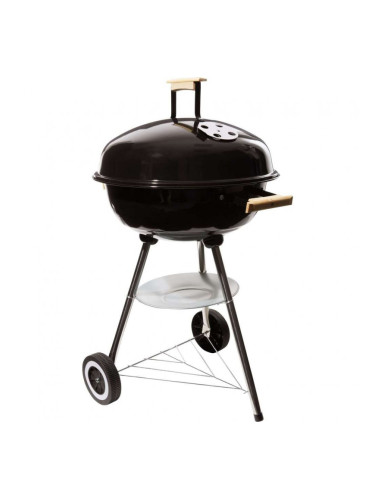 Барбекю на дървени въглища MasterGrill MG913, 42 см, Емайлирана стомана, Дървени дръжки, Долен рафт, 2 Колела, Черен/инокс