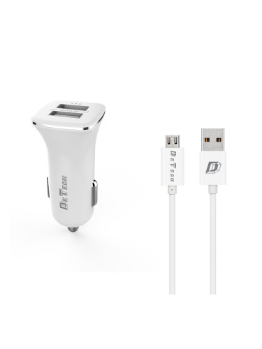 Зарядно устройство за кола DeTech, DE-C01M, 5V/2.4A, 12/24V, С Micro USB кабел, 2 x USB, Бял - 14124