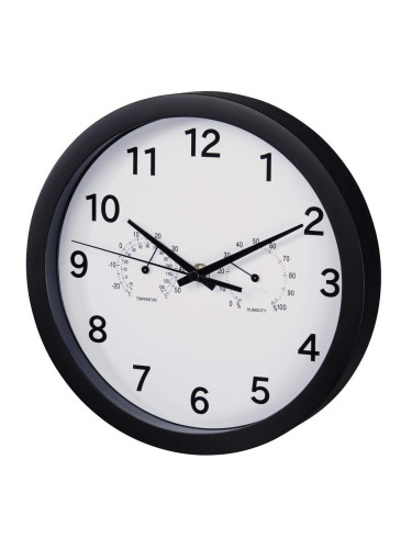 Стенен часовник Hama Pure Plus, Ø 25 cm, измерва температура и влажност, Черен