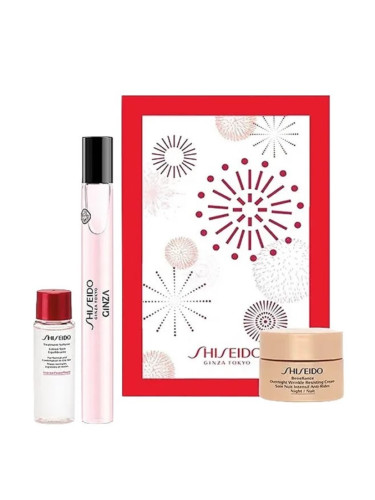 Shiseido Benefiance Дамски комплект Нощен крем против бръчки 30 ml. Омекотяващ лосион 30 ml. EDP Парфюм Ginza 10 ml.