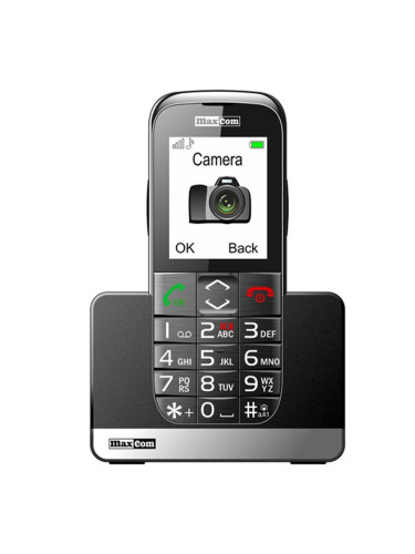 Maxcom Мобилен телефон MM720 SS, големи бутони, VGA камера, SOS бутон, FM радио, зарядно-стойка, черен