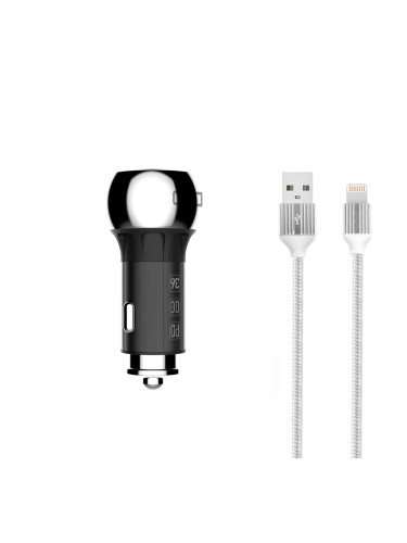 Зарядно устройство за кола LDNIO C1, 1xUSB QC3.0, 1xType-C PD, С Lightning кабел, Сив - 40077