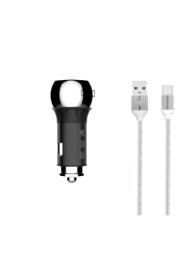 Зарядно устройство за кола LDNIO C1, 1xUSB QC3.0, 1xType-C PD, С Type-C кабел, Сив - 40078