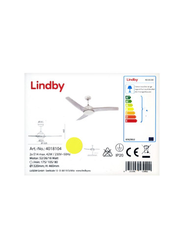 Lindby - Таванен вентилатор EMANUEL 2xE14/42W/230V + дистанционно