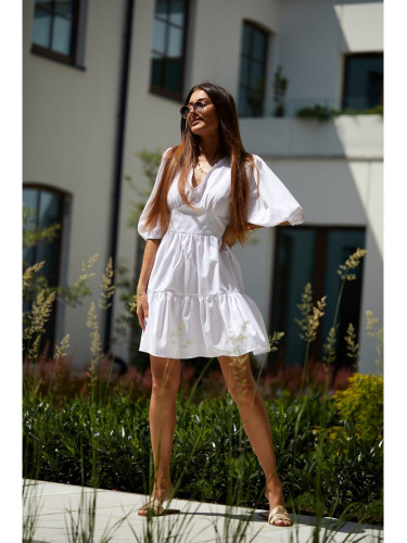 Памучна разкроена рокля в бял цвят FG651 