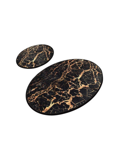 Комплект килими за баня Chilai Home 359CHL2402, 2 части, 100% антибактериална кадифена материя, Черен/златист