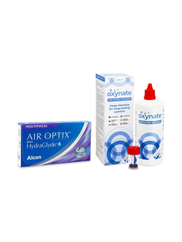 Air Optix Plus Hydraglyde Multifocal (3 лещи) + Oxynate Peroxide 380 ml с кутийка - едномесечни контактни лещи, силикон-хидрогелови мултифокални опаковки, Lotrafilcon B