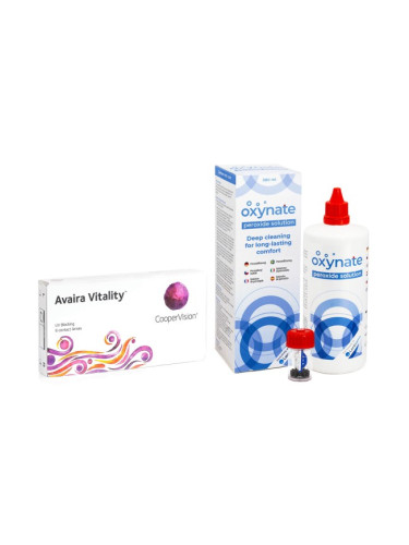 Avaira Vitality (6 лещи) + Oxynate Peroxide 380 ml с кутийка - едномесечни контактни лещи, силикон-хидрогелови опаковки сферични, Fanfilcon A