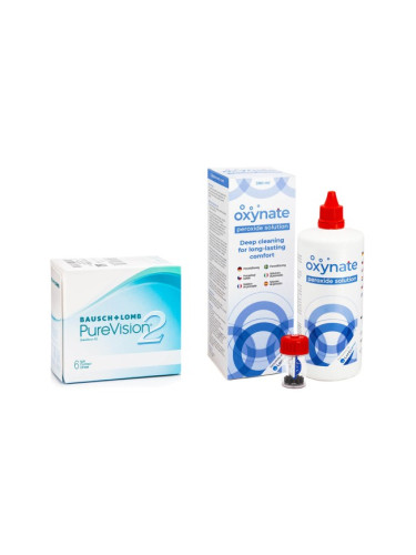 PureVision 2 (6 лещи) + Oxynate Peroxide 380 ml с кутийка - контактни лещи за продължително носене, силикон-хидрогелови опаковки сферични, Balafilcon A (silikon-hydrogel)