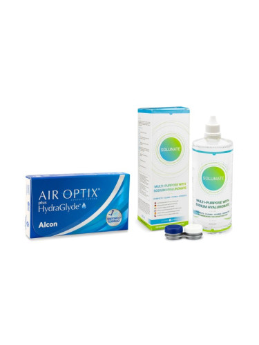 Air Optix Plus Hydraglyde (6 лещи) + Solunate Multi-Purpose 400 ml с кутия - едномесечни контактни лещи, силикон-хидрогелови опаковки сферични, Lotrafilcon B
