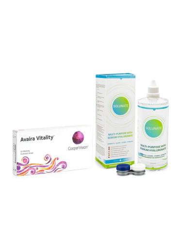 Avaira Vitality (6 лещи) + Solunate Multi-Purpose 400 ml с кутия - едномесечни контактни лещи, силикон-хидрогелови опаковки сферични, Fanfilcon A