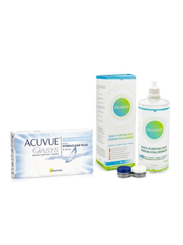 Acuvue Oasys for Astigmatism (6 лещи) + Solunate Multi-Purpose 400 ml с кутия - двуседмични контактни лещи, торични силикон-хидрогелови опаковки, Senofilcon A