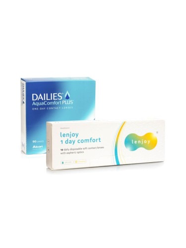 Dailies AquaComfort Plus (90 лещи) + Lenjoy 1 Day Comfort (10 лещи) - еднодневни контактни лещи, сферични спорт, Nelfilcon A