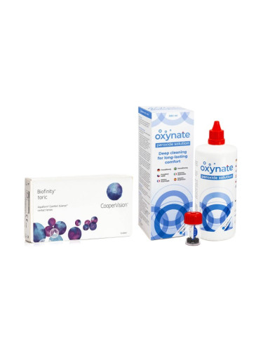 Biofinity Toric CooperVision (3 лещи) + Oxynate Peroxide 380 ml с кутийка - контактни лещи за продължително носене, торични силикон-хидрогелови опаковки, Comfilcon A