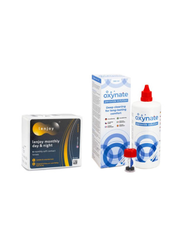 Lenjoy Monthly Day & Night (6 лещи) + Oxynate Peroxide 380 ml с кутийка - контактни лещи за продължително носене, силикон-хидрогелови опаковки сферични, Balafilcon A