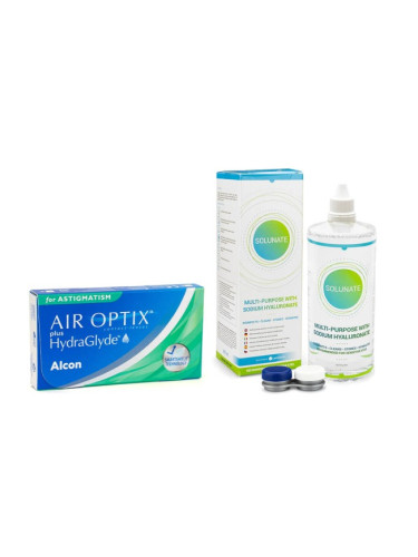Air Optix Plus Hydraglyde for Astigmatism (3 лещи) + Solunate Multi-Purpose 400 ml с кутия - едномесечни контактни лещи, торични силикон-хидрогелови опаковки, Lotrafilcon B