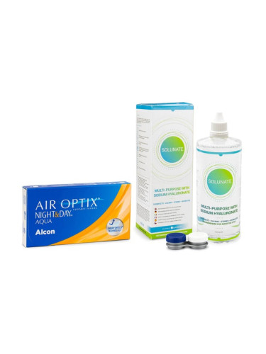 Air Optix Night & Day Aqua (6 лещи) + Solunate Multi-Purpose 400 ml с кутия - контактни лещи за продължително носене, силикон-хидрогелови опаковки сферични, Lotrafilcon A