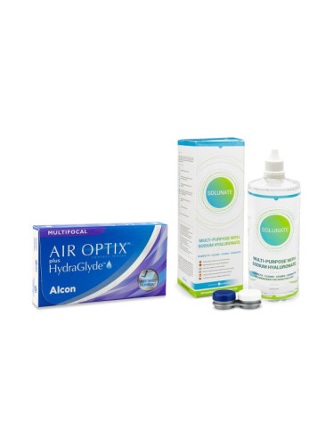 Air Optix Plus Hydraglyde Multifocal (6 лещи) + Solunate Multi-Purpose 400 ml с кутия - едномесечни контактни лещи, силикон-хидрогелови мултифокални опаковки, Lotrafilcon B