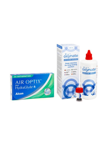 Air Optix Plus Hydraglyde for Astigmatism (3 лещи) + Oxynate Peroxide 380 ml с кутийка - едномесечни контактни лещи, торични силикон-хидрогелови опаковки, Lotrafilcon B