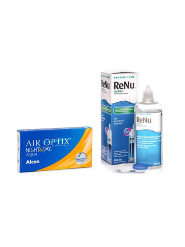 Air Optix Night & Day Aqua (6 лещи) + ReNu MultiPlus 360 ml с кутия - контактни лещи за продължително носене, силикон-хидрогелови опаковки сферични, Lotrafilcon A