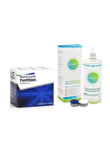 PureVision (6 лещи) + Solunate Multi-Purpose 400 ml с кутия - контактни лещи за продължително носене, силикон-хидрогелови опаковки сферични, Balafilcon A