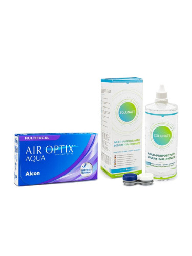 Air Optix Aqua Multifocal (6 лещи) + Solunate Multi-Purpose 400 ml с кутия - едномесечни контактни лещи, силикон-хидрогелови мултифокални опаковки, Lotrafilcon B