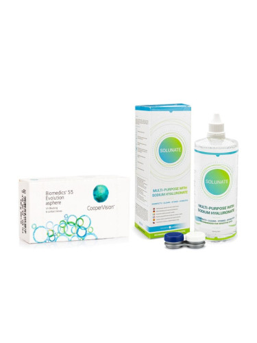 Biomedics 55 Evolution CooperVision (6 лещи) + Solunate Multi-Purpose 400 ml с кутия - едномесечни контактни лещи, опаковки сферични, Ocufilcon D