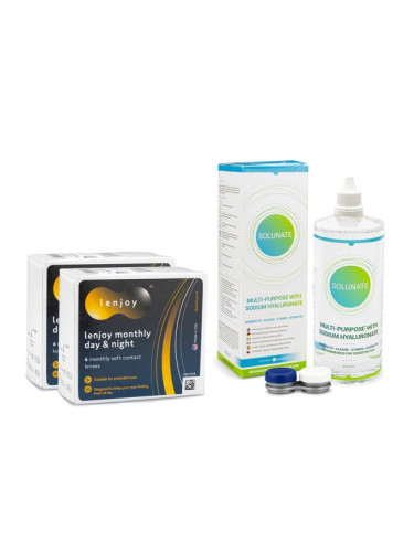 Lenjoy Monthly Day & Night (12 лещи) + Solunate Multi-Purpose 400 ml с кутия - контактни лещи за продължително носене, силикон-хидрогелови опаковки сферични, Balafilcon A