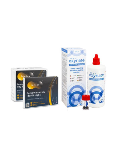 Lenjoy Monthly Day & Night (9 лещи) + Oxynate Peroxide 380 ml с кутийка - контактни лещи за продължително носене, силикон-хидрогелови опаковки сферични, Balafilcon A