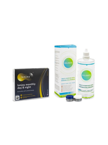 Lenjoy Monthly Day & Night (3 лещи) + Solunate Multi-Purpose 400 ml с кутия - контактни лещи за продължително носене, силикон-хидрогелови опаковки сферични, Balafilcon A