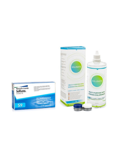 SofLens 59 (6 лещи) + Solunate Multi-Purpose 400 ml с кутия - едномесечни контактни лещи, опаковки сферични, Hilafilcon B