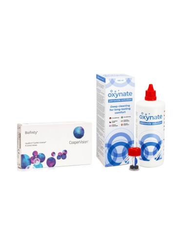 Biofinity CooperVision (6 лещи) + Oxynate Peroxide 380 ml с кутийка - контактни лещи за продължително носене, силикон-хидрогелови опаковки сферични, Comfilcon A