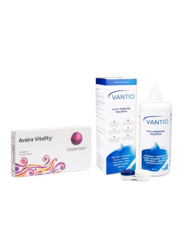 Avaira Vitality (6 лещи) + Vantio Multi-Purpose 360 ml с кутия - едномесечни контактни лещи, силикон-хидрогелови опаковки сферични, Fanfilcon A
