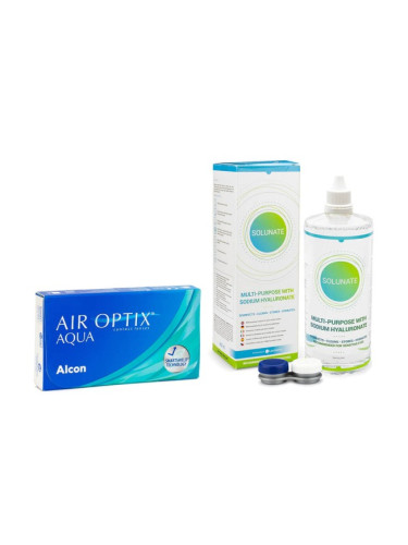 Air Optix Aqua (6 лещи) + Solunate Multi-Purpose 400 ml с кутия - едномесечни контактни лещи, силикон-хидрогелови опаковки сферични, Lotrafilcon B