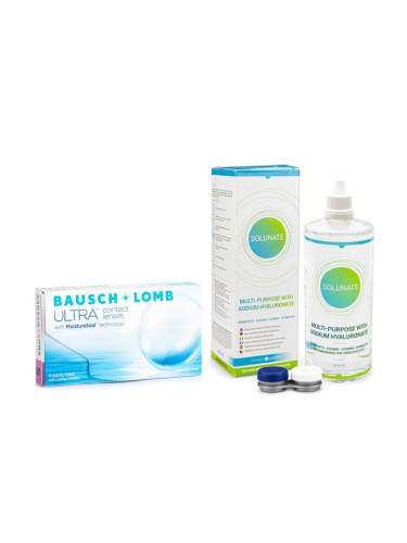 Bausch + Lomb Ultra (6 лещи) + Solunate Multi-Purpose 400 ml с кутия - контактни лещи за продължително носене, опаковки сферични и асферични, Samfilcon A