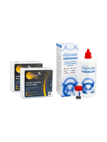Lenjoy Monthly Day & Night (12 лещи) + Oxynate Peroxide 380 ml с кутийка - контактни лещи за продължително носене, силикон-хидрогелови опаковки сферични, Balafilcon A