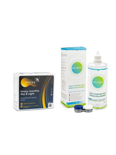 Lenjoy Monthly Day & Night (6 лещи) + Solunate Multi-Purpose 400 ml с кутия - контактни лещи за продължително носене, силикон-хидрогелови опаковки сферични, Balafilcon A