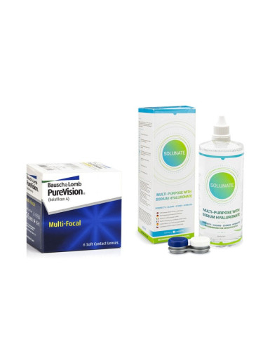 PureVision Multi-Focal (6 лещи) + Solunate Multi-Purpose 400 ml с кутия - контактни лещи за продължително носене, силикон-хидрогелови мултифокални опаковки, Balafilcon A