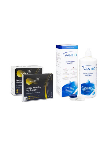 Lenjoy Monthly Day & Night (9 лещи) + Vantio Multi-Purpose 360 ml с кутия - контактни лещи за продължително носене, силикон-хидрогелови опаковки сферични, Balafilcon A