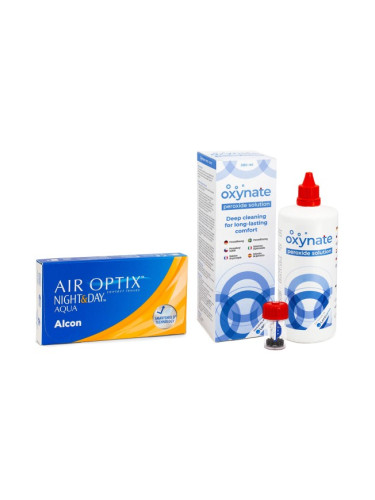 Air Optix Night & Day Aqua (6 лещи) + Oxynate Peroxide 380 ml с кутийка - контактни лещи за продължително носене, силикон-хидрогелови опаковки сферични, Lotrafilcon A