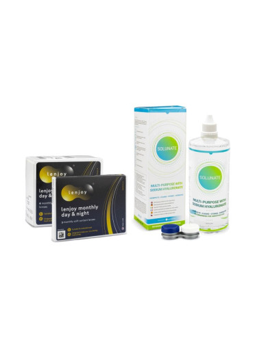 Lenjoy Monthly Day & Night (9 лещи) + Solunate Multi-Purpose 400 ml с кутия - контактни лещи за продължително носене, силикон-хидрогелови опаковки сферични, Balafilcon A