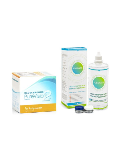 PureVision 2 for Astigmatism (6 лещи) + Solunate Multi-Purpose 400 ml с кутия - контактни лещи за продължително носене, торични силикон-хидрогелови опаковки, Balafilcon A