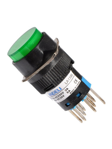 Бутонен превключвател, бутон, ON-(ON), отвор ф16, 3A/250VAC, DPDT, LED, зелен