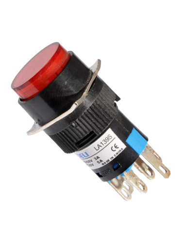 Бутонен превключвател, бутон, ON-(ON), отвор ф16, 5A/30VDC, 3A/250VAC, DPDT, LED, червен